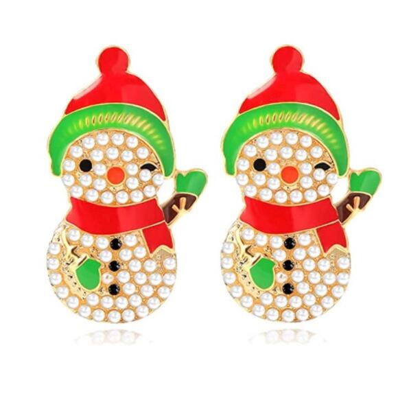 Enamel Snowman with Pearls Earrings Christmas - Picture 1 of 1